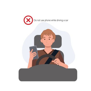  Güvenli sürüş kuralları konsepti. Araba kullanırken telefon et. Cep telefonu kullanmayın. Bir adam araba sürerken telefonu kullanıyor. Düz vektör karikatür çizimi