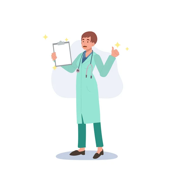 Female Doctor Showing Good Medical Report Thumb Ups Flat Vector — Stock Vector