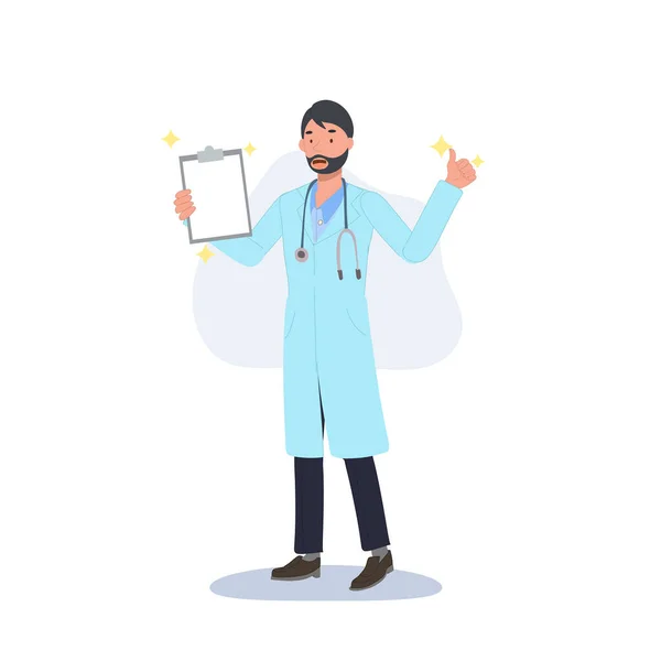 Male Doctor Showing Good Medical Report Thumb Ups Flat Vector — Stock Vector