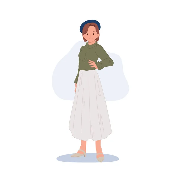 Schöne Junge Stilvolle Frauen Modischen Kleidern Flacher Vektor Zeichentrickfigur Illustration — Stockvektor