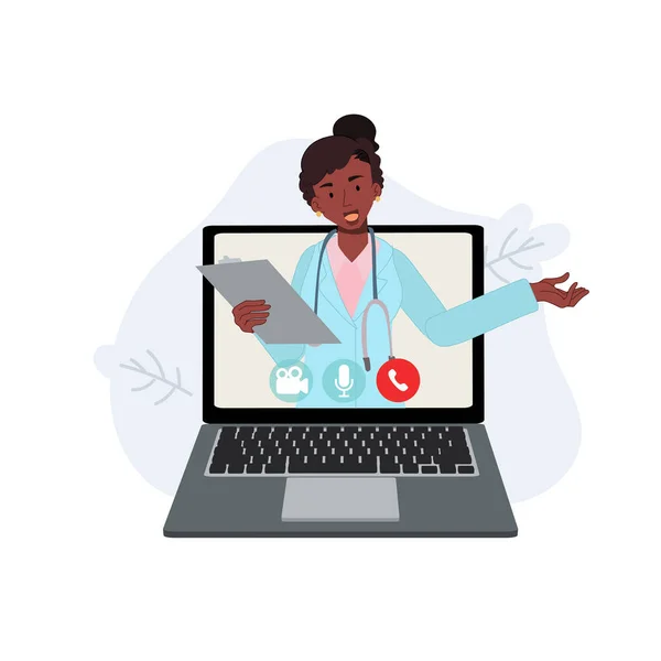 Conceito Consultor Médico Online Terapeuta Africana Chat Laptop Pergunte Doutor — Vetor de Stock