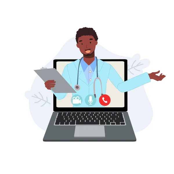 Conceito Consultor Médico Online Terapeuta Africano Chat Laptop Pergunte Doutor — Vetor de Stock