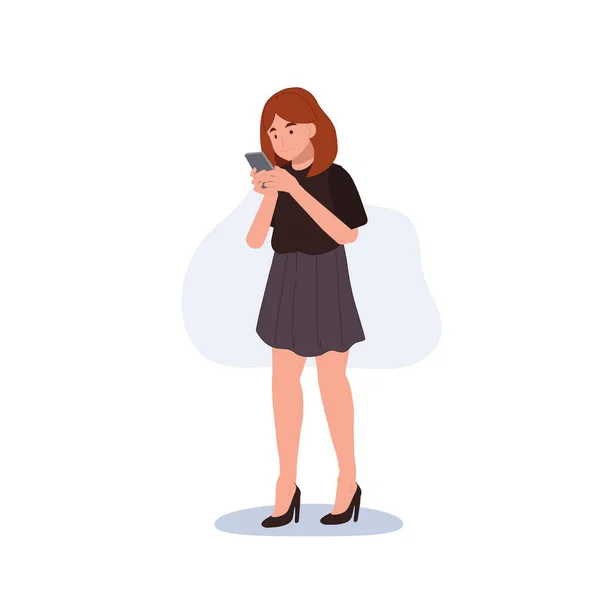 女性は携帯電話と通信しています 電話でメッセージを フラットベクトル漫画のキャラクターイラスト — ストックベクタ
