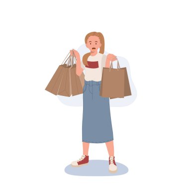 Alışveriş konsepti. Kadın alışveriş çantalarını gösteriyor. Düz çizgi film vektör çizimi