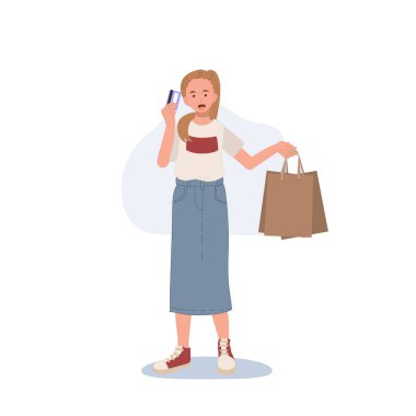 Alışveriş konsepti. Elinde kredi kartı ve alışveriş torbaları tutan bir kadın. Düz çizgi film vektör çizimi