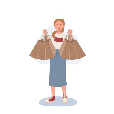 Alışveriş konsepti. Kadın alışveriş çantalarını gösteriyor. Düz çizgi film vektör çizimi