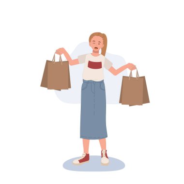 Alışveriş konsepti. Kadın alışveriş çantalarını gösteriyor. Düz çizgi film vektör çizimi