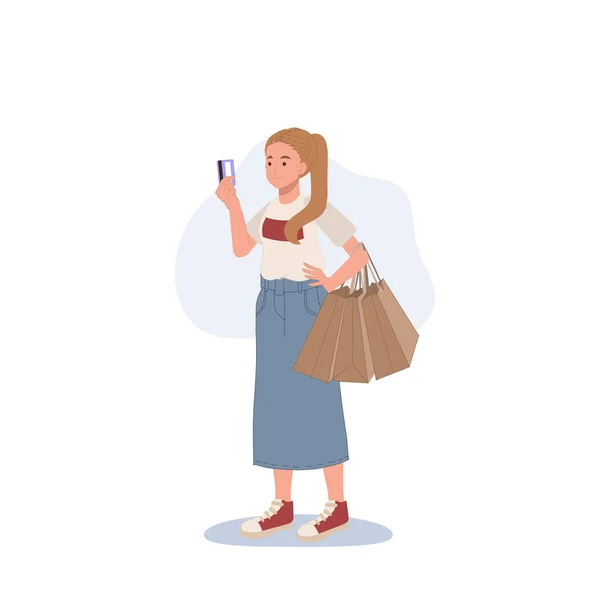 ショッピングコンセプト クレジットカードと買い物袋を手にした女性です フラット漫画ベクトルイラスト — ストックベクタ
