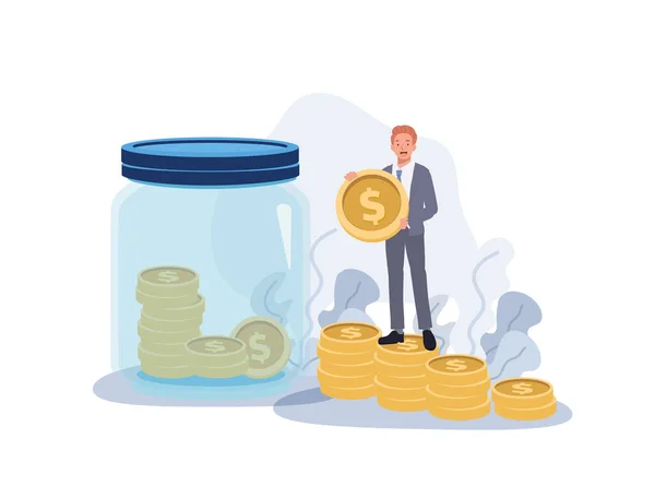 Finansować Koncepcję Oszczędności Mały Mężczyzna Zbiera Złote Monety Wielkim Szklanym — Wektor stockowy