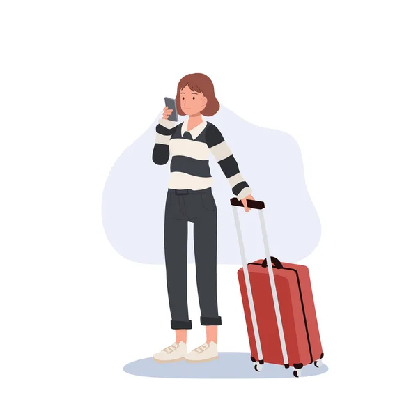 Femlae Tourist Luggage Using Mobile Phone Airport Falt Vector Illustration — Vettoriale Stock