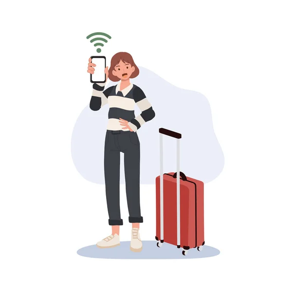 Travel Concept Femle Tourist Showing Icon Her Smartphone Free Area —  Vetores de Stock