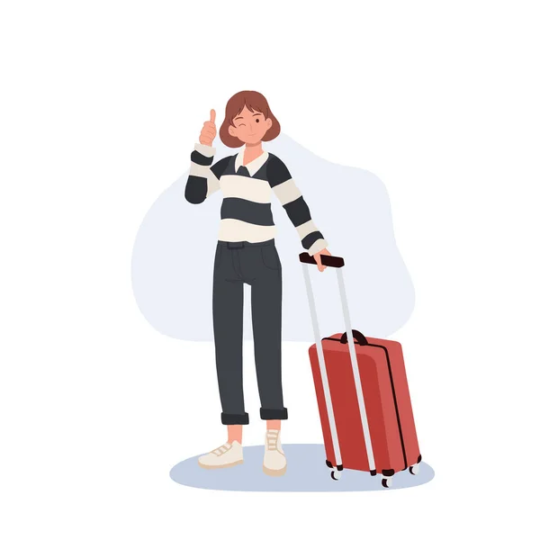 Female Traveling Tourists Travel Backpack Luggage Doing Good Thumb Hand - Stok Vektor