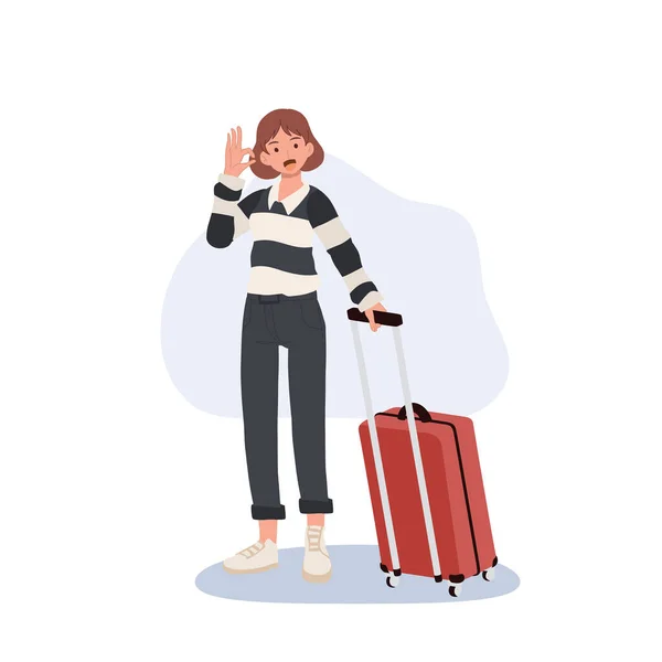 Female Traveling Tourists Travel Backpack Luggage Doing Hand Sign Flat - Stok Vektor