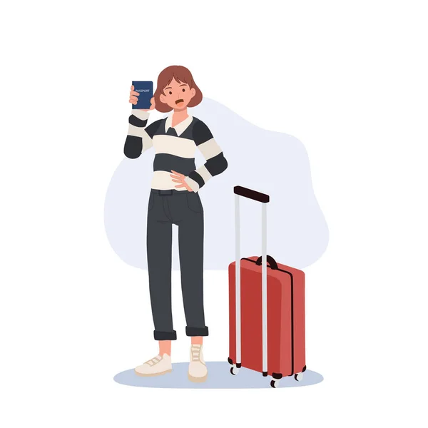 旅行的概念 在机场 携带行李的妇女正在出示她的护照 平面矢量图解 — 图库矢量图片