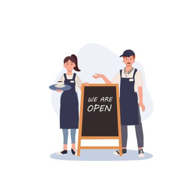 Male and female barista is standing at the back of welcome wood sign. 'we are open' . Coffee shop. Flat vector illustration