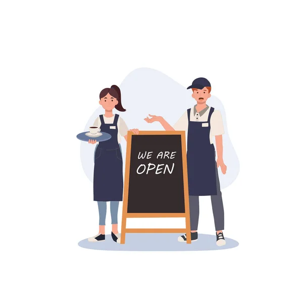 Male Female Barista Standing Back Welcome Wood Sign Open Coffee — Stock vektor