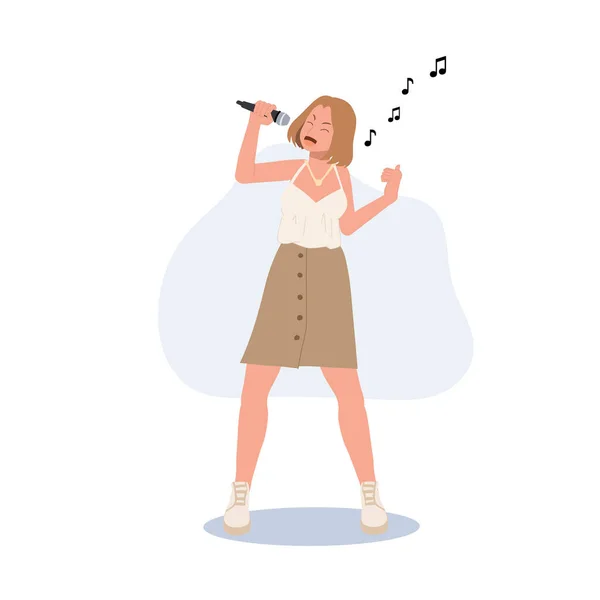Женщина Певица Поет Женщина Микрофоном Плоская Векторная Иллюстрация — стоковый вектор