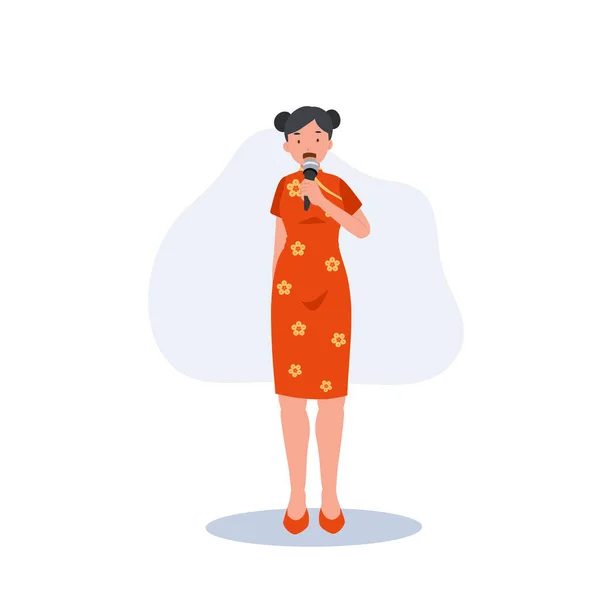 Woman Chinese Traditional Costume Holding Microphone Speaking Flat Vector Illustration — Stockový vektor