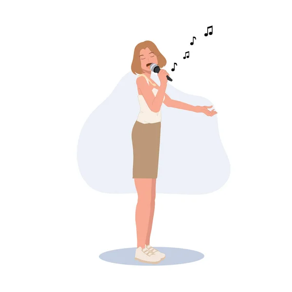 Woman Singer Woman Microphone Singing Flat Vector Illustration — Image vectorielle