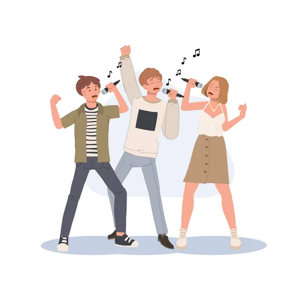 Group People Singing Sing Karaoke Enjoying Time Together Having Fun — Stockvector