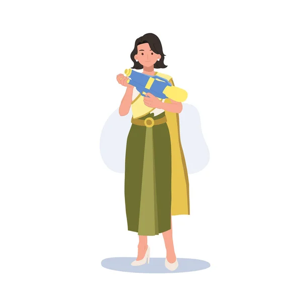Фестиваль Інсонкрану Культура Таїланді Жінка Тайському Традиційному Одязі Тримає Водяний — стоковий вектор
