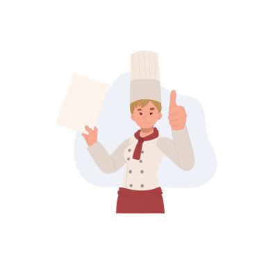 woman Chef with menu showing thumb up. recommended menu. Flat vector illustration