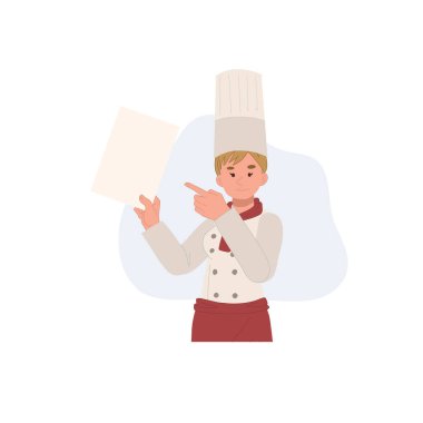 woman Chef with recommended menu,index finger pointing. Flat vector illustration