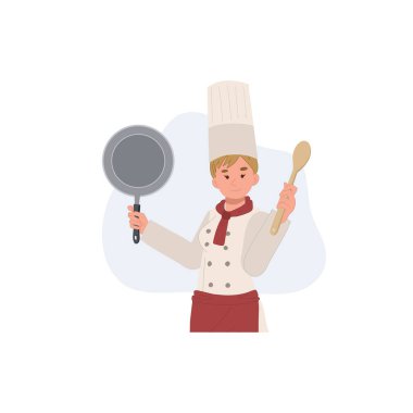 Confident chef woman holding pan is cooking food. Flat vector illustration