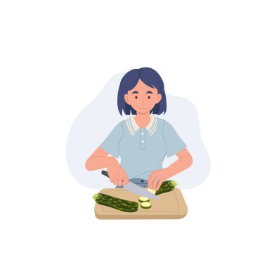 woman preparing and slicing fresh vegetables on cutting board in the kitchen. flat vector illustration.