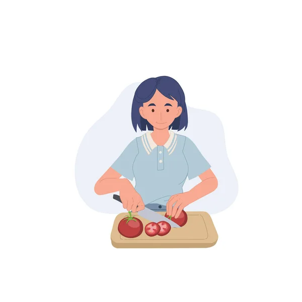 Woman Preparing Slicing Fresh Vegetables Cutting Board Kitchen Flat Vector — Stock vektor