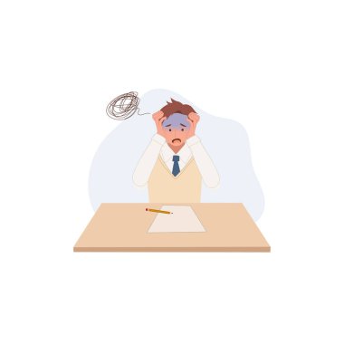 Öğrenme ve Eğitim konsepti. Masada Koreli bir öğrenci muayenesi var. Çok zor, hiçbir şey anlamıyorum..