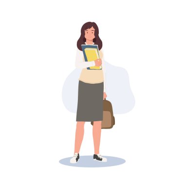 Koreli öğrenci karakteri. Okul üniformalı, kitap ve çanta taşıyan bir sürü kız öğrenci. Öğrenim ve Eğitim kavramı.