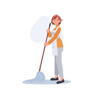 Professional Cleaner. Lady working as housekeeper is cleaning the floor by mop. Flat vector illustration