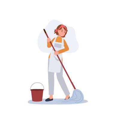 Professional Cleaner. Lady working as housekeeper is cleaning the floor by mop. Flat Vector illustration