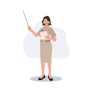 female Thai government officers in uniform. Woman Thai teacher holding pointer stick , explaining knowledge. Vector illustration