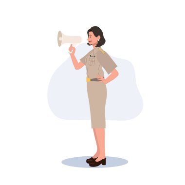 female Thai government officers in uniform. Woman Thai teacher using megaphone. Vector illustration