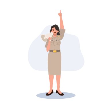 female Thai government officers in uniform. Woman Thai teacher using megaphone. Vector illustration