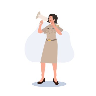 female Thai government officers in uniform. Woman Thai teacher using megaphone. Vector illustration