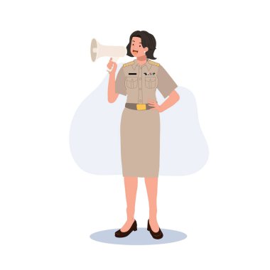female Thai government officers in uniform. Woman Thai teacher using megaphone. Vector illustration