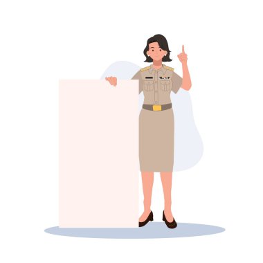 female Thai government officers in uniform. Woman Thai teacher with blank board, placard. Vector illustration