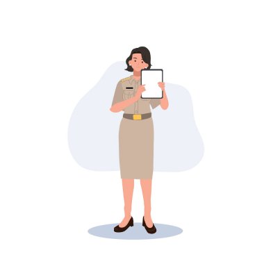 female Thai government officers in uniform. Woman Thai teacher holding ,showing big tablet. Vector illustration