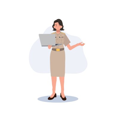 female Thai government officers in uniform. Woman Thai teacher holding laptop and explaining. Vector illustration