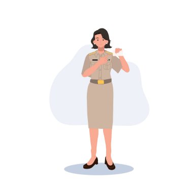 female Thai government officers in uniform. Woman Thai teacher showing identity card. Vector illustration