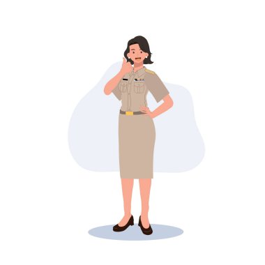 female Thai government officers in uniform. Woman Thai teacher giving thumb up, good job, very well. Vector illustration