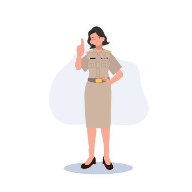 female Thai government officers in uniform. Woman Thai teacher giving thumb up, good job, very well. Vector illustration
