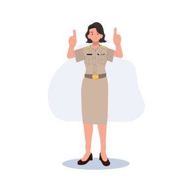 female Thai government officers in uniform. Woman Thai teacher giving thumb up, good job, very well. Vector illustration