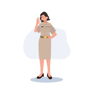 female Thai government officers in uniform. Woman Thai teacher doing OK hand sign.good, Vector illustration