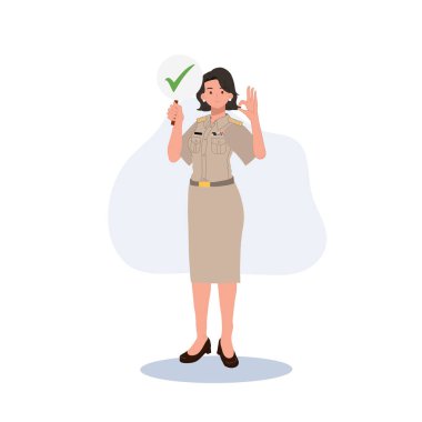 female Thai government officers in uniform. Woman Thai teacher holding correct check mark sign and doing OK hand sign.good, Vector illustration
