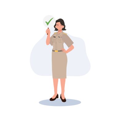 female Thai government officers in uniform. Woman Thai teacher holding correct check mark sign, Vector illustration