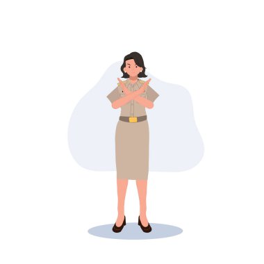 female Thai government officers in uniform. Woman Thai teacher doing cross hand as NO sign, prohibited, STOP, don't . Vector illustration